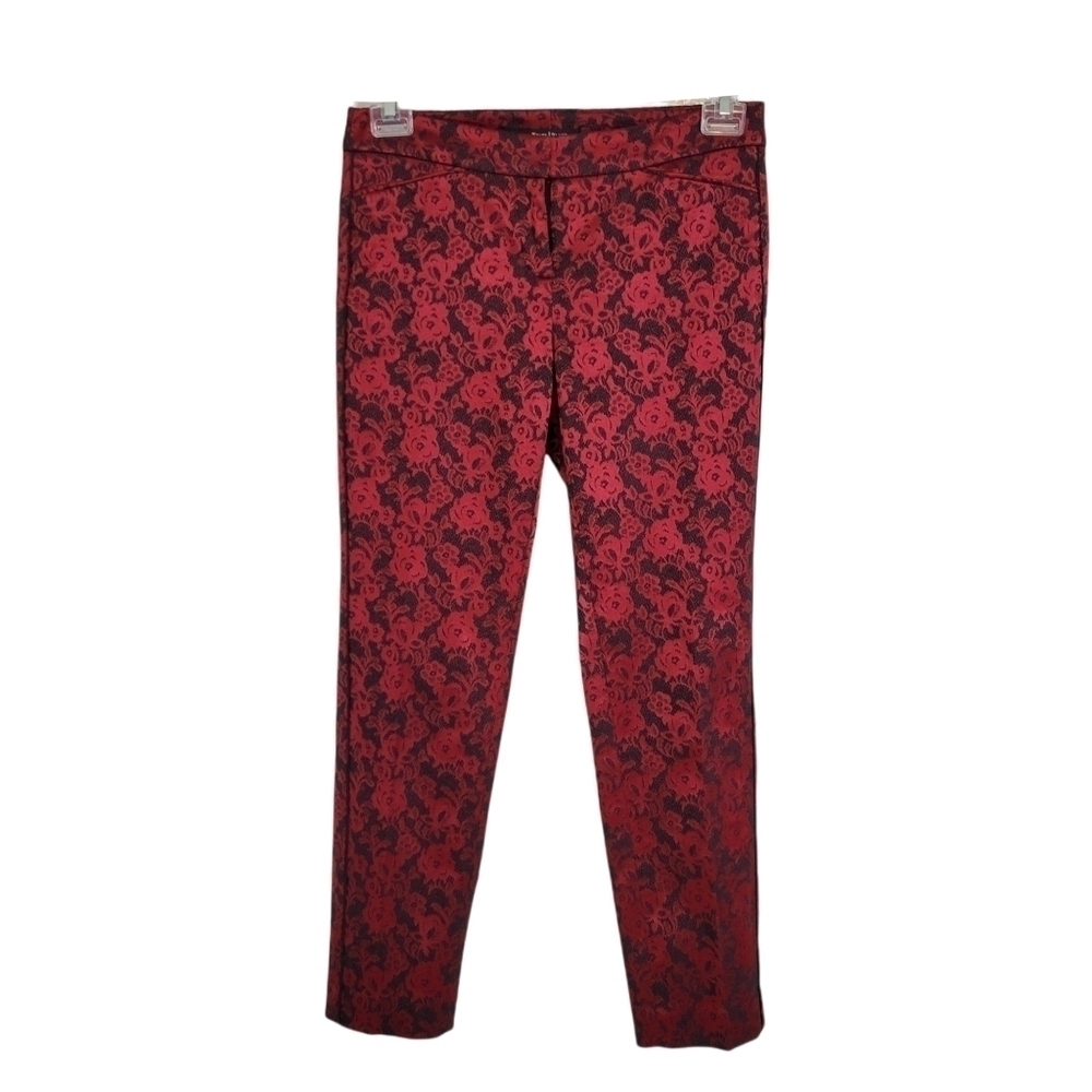 WHBM Satin Crimson Red & Black Brocade Floral Embroidered Slim Ankle Dre…